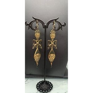 Vintage JewelMint Gold Tone Bow Long Dangle Rhinestones Earrings Lever Back